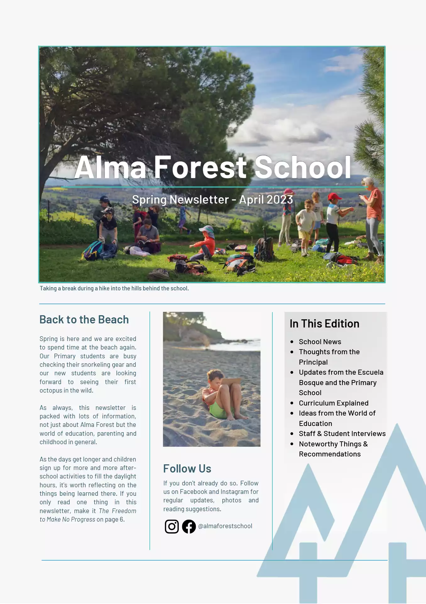Cover of the April 2023 Alma Forest School newsletter