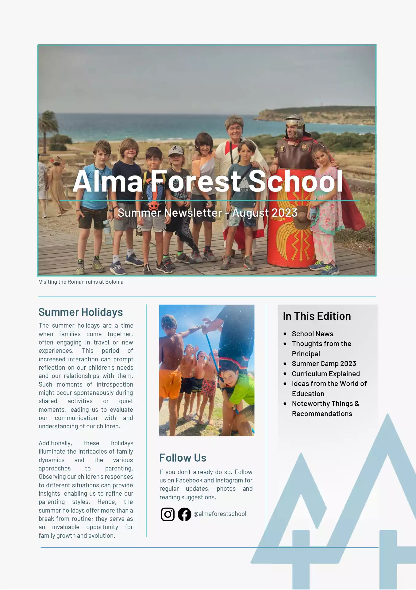 Cover of the August 2023 Alma Forest School newsletter