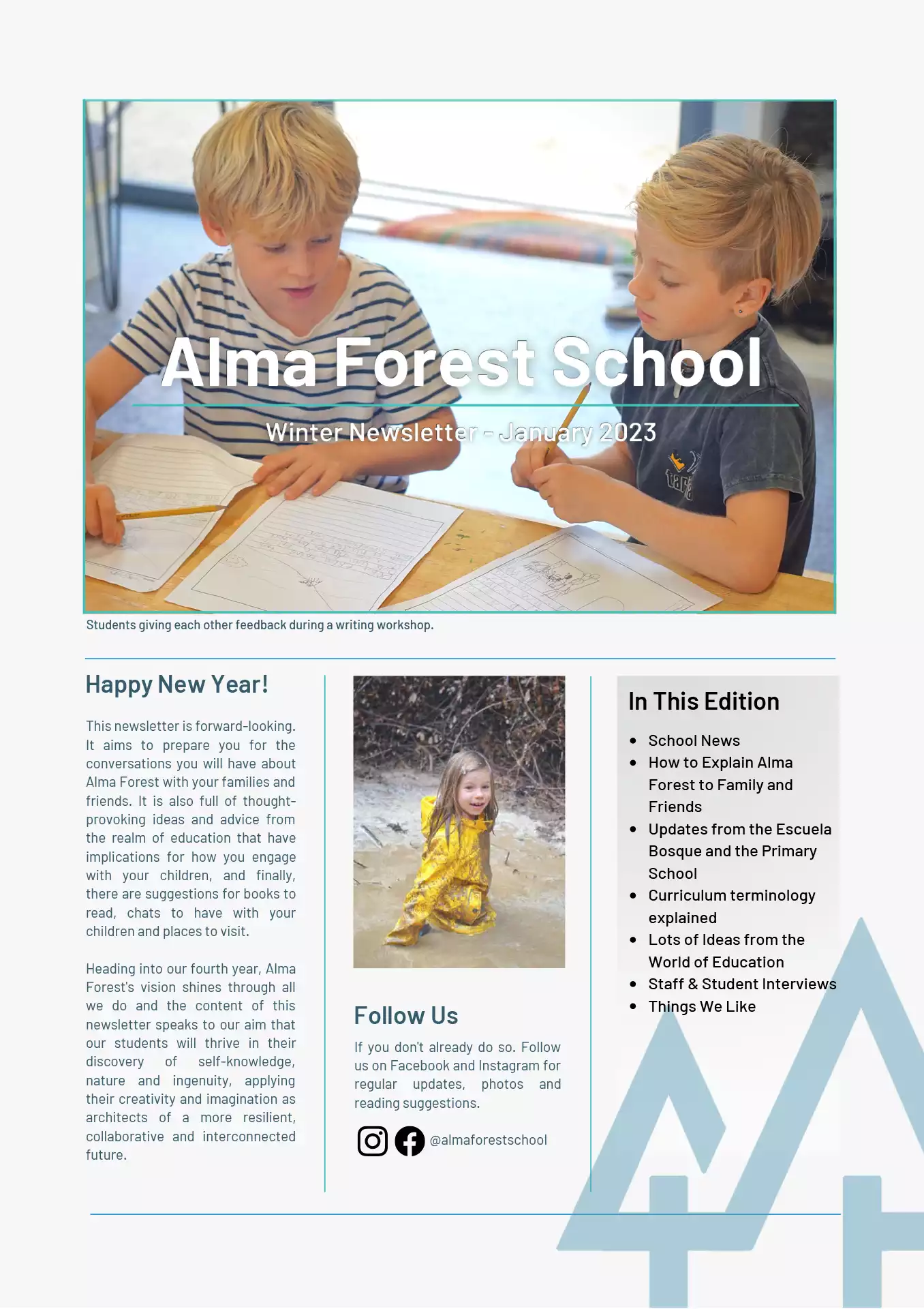 Cover of the January 2023 Alma Forest School newsletter