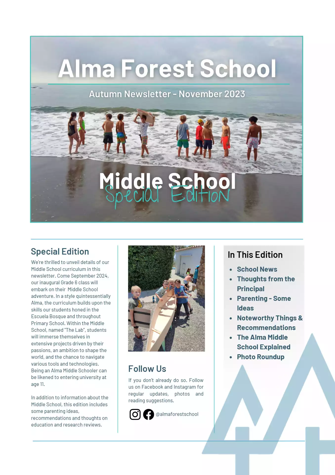 Cover of the November 2023 Alma Forest School newsletter